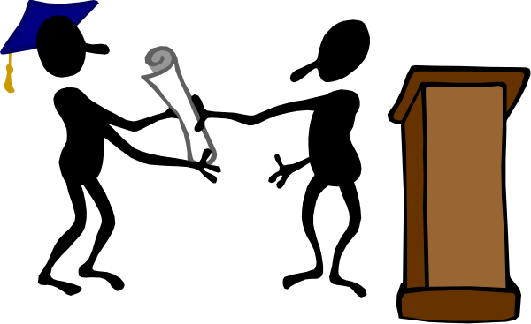The black and white cartoon shows a podium with an open book on it next to a graduation cap hanging from its top left corner in front of two figures standing at lecterns; one figure is holding papers, suggesting academic activity.