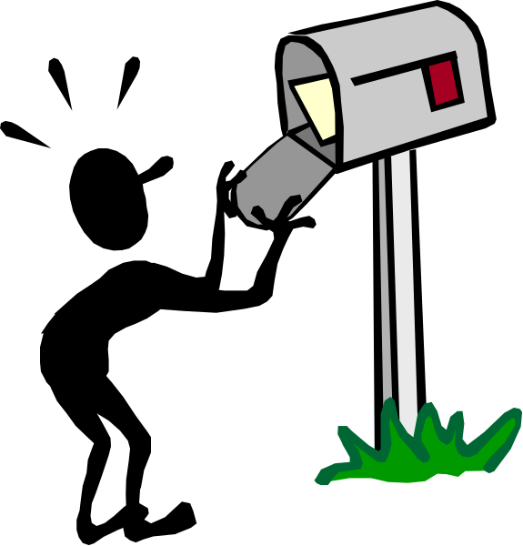 The image shows a mailbox with an envelope sticking out of it on top of what appears to be grass next to a pole in front of which is a small building that resembles a house.