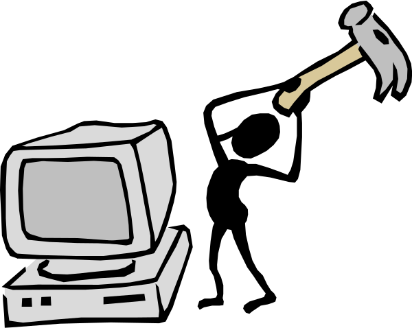 The black and white cartoon shows a computer monitor with an axe stuck into it on top of another smaller screen that is displaying what appears to be a video game character holding a hammer over its head as if ready for action, next to which there's a keyboard labeled "104".