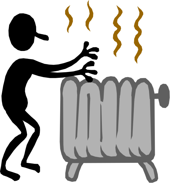 The image shows a stylized illustration of an electric heater with steam rising from it against a dark background; there is no text present in this clip-art depiction.
