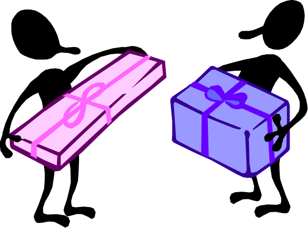 The image shows three wrapped gifts with a purple ribbon on top of them against a black background; there is no text present in this clip-art illustration.