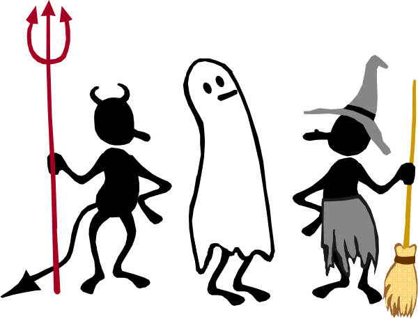 The image shows a cartoon of two ghosts standing on either side with devil symbols above them; there is also an arrow pointing to one of the figures indicating directionality.