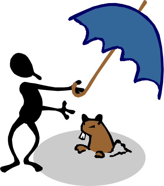 The image shows a cartoon of an umbrella with raindrops falling from it onto two characters: on top is a person holding another smaller character who appears to be sleeping under their arm; both figures have brown fur and one has large eyes, suggesting anthropomorphic animals or creatures like mice.