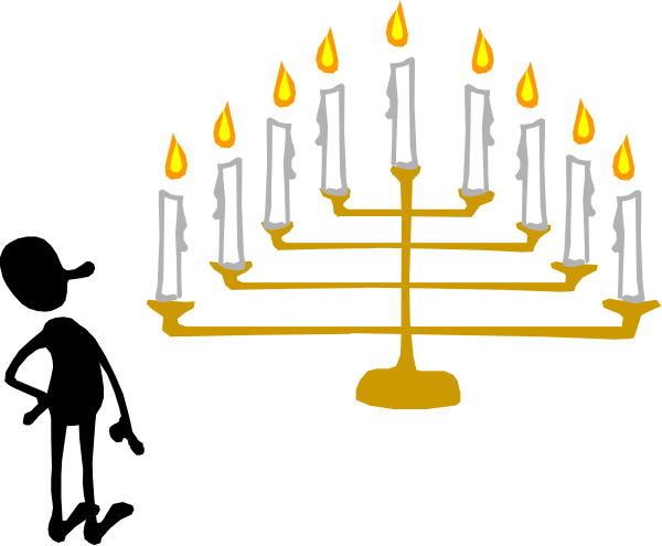 The image shows a black background with an illustration of a golden menorah on top holding seven lit candles to its right side; there is no text present in this clip-art picture.