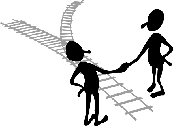 The black and white picture shows a railroad crossing sign with an actual train track running through it on top of another set of tracks that is slightly tilted to one side.