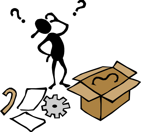 The black and white illustration shows a cardboard box with an open flap on top next to various items including gears, scissors, tape measure, paper clips, and what appears to be a small toy car in front of them all.