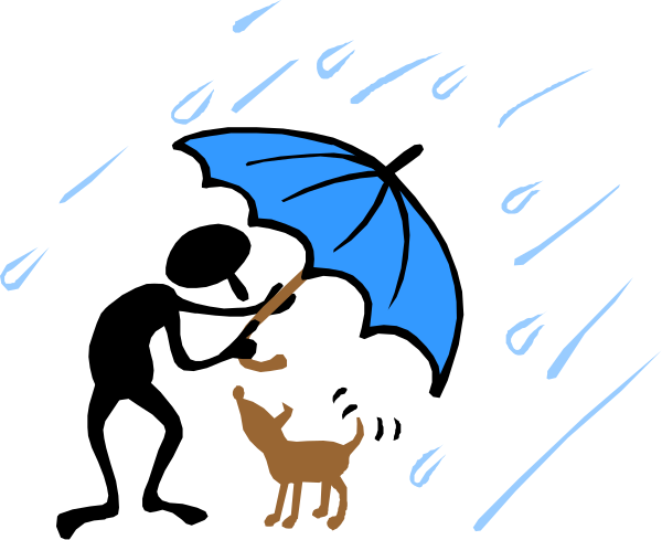 The image shows a cartoon of an umbrella with raindrops falling from it onto two characters: on top is a cat holding another smaller cat under its paw; below them stands a dog looking up at the sky, seemingly unbothered by the weather.