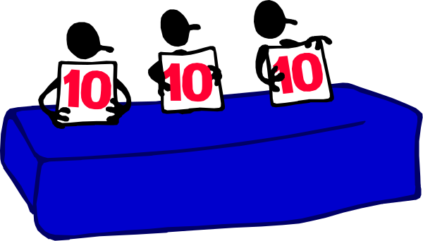 The image shows a blue table with three red signs on it that say "10" placed next to each other against a dark background.