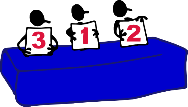 The image shows a table with three signs on it displaying numbers 312, each sign is placed above another in descending order of number size from left to right; there's no visible text other than these numerical values and their corresponding symbols for counting (either dots or ticks). There are also two small figures that appear to be people standing on either side of the table. The background appears dark, with a hint of blue at one end which could suggest an indoor setting like a room painted in shades of gray-blue color scheme.