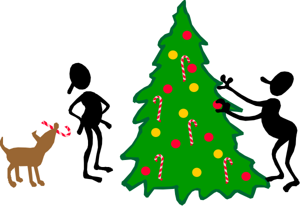The image shows a Christmas tree with candy canes on it to its right side, an animal that appears to be a dog standing in front of the tree looking up at it, and another similar-looking figure behind them both also facing towards the decorated tree.
