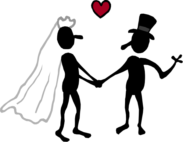 The black and white silhouette of a bride and groom with hearts around them on what appears to be an invitation card background.