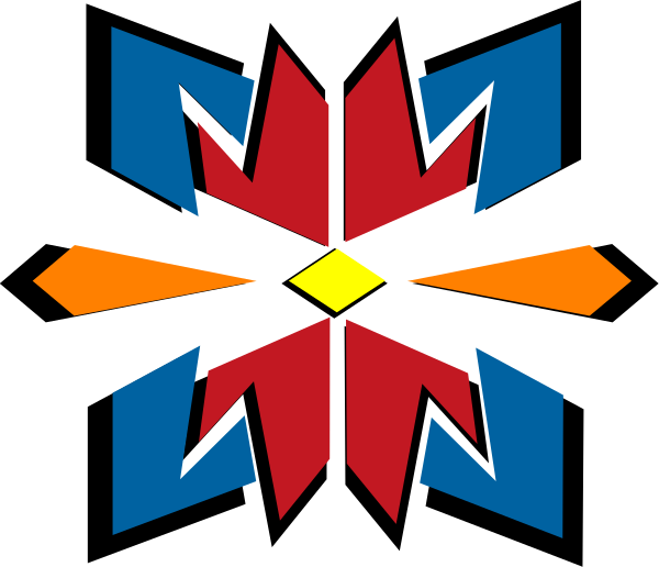 The image shows a stylized graphic with geometric shapes resembling an abstract flower design set against different colored backgrounds within what appears to be a square frame.