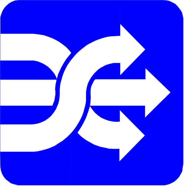 The image shows a blue sign with white arrows pointing to different directions indicating various routes of travel such as left turn only lane, straight ahead route, right turn only lane, and U-turns.