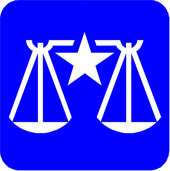 The image shows two square graphics with a blue background featuring white icons: on top is an icon of scales representing justice; below it is another symbol that appears to be related to law enforcement or legal services due to its resemblance to a badge, but without more context I cannot definitively identify the specific service. The style suggests these are likely logos for organizations within the realm of judicial systems and processes.