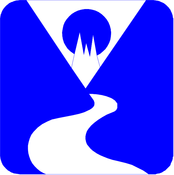 The image shows a stylized graphic with two distinct sections: on top is an icon of a mountain peak under what appears to be a sunset sky; below it is another section depicting a winding river flowing through mountains, suggesting outdoor recreation or nature-related activities such as hiking.