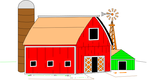The image shows a cartoon depiction of an old red barn with hayloft doors next to it on what appears to be farmland at nighttime under clear skies.