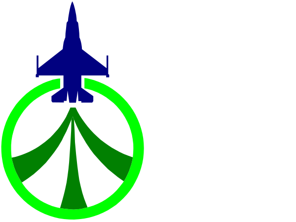 The image shows two circular symbols with a jet airplane inside each circle; there is also an arrow pointing upwards between them forming a triangle shape in green color against a black background.