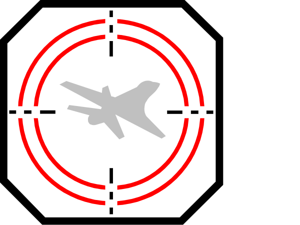The image shows a stylized graphic with an airplane silhouette inside what appears to be a targeting circle against a black background; there is also a red circular shape surrounding this central imagery.