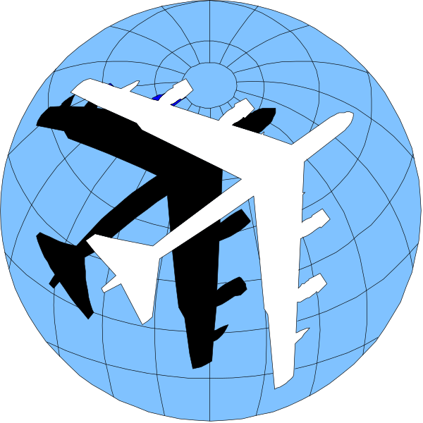 The image shows a graphic with two airplanes: on top there's an illustration of a large commercial jetliner in flight against a blue sky background; below it is another plane that appears to be landing, depicted as if viewed from above and slightly angled downward towards the viewer. Both planes are superimposed over what looks like a globe with latitude lines indicating different time zones around Earth's equatorial region. The image has an educational or informational purpose, possibly related to aviation routes or flight paths across continents.