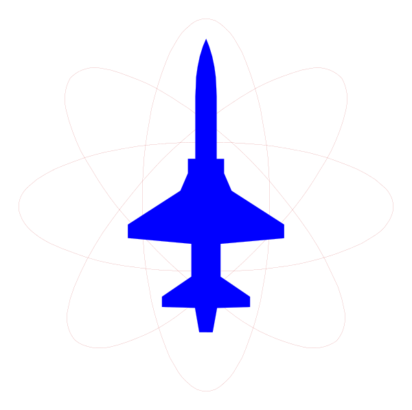 The image shows a graphic of an F16 fighter jet inside a circular electron orbit diagram with concentric circles representing different energy levels around it.