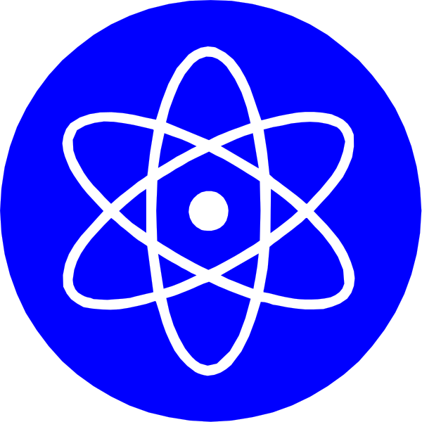 The image shows two blue atomic symbols on a black background with white lines connecting them to form an atom symbol above each other.