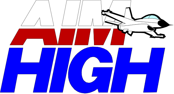 The image features a graphic with text that reads "AIM HIGH" at the top against an American flag background on the left side of the frame. On the right is another line of red text reading "AMERICAN AIRLINES." Below this, there's a stylized illustration or logo resembling an airplane in flight with wings spread wide and tail fin visible at the back end. The overall style suggests it could be related to aviation-themed merchandise or branding for American Airlines.