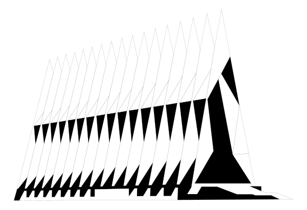 The black and white silhouette of a building with many windows on its side against an abstract background.