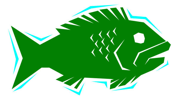 The image shows a stylized graphic of an aquatic fish with scales that resemble leaves on its body against a dark background.