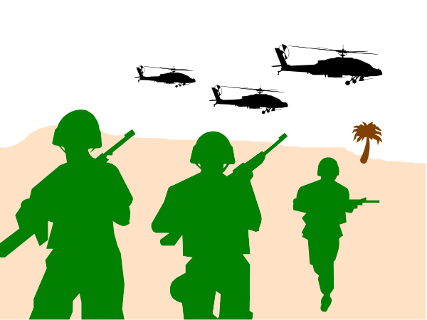 The image shows a group of soldiers standing together with guns at their sides against an abstract background that resembles nighttime skyscapes.
