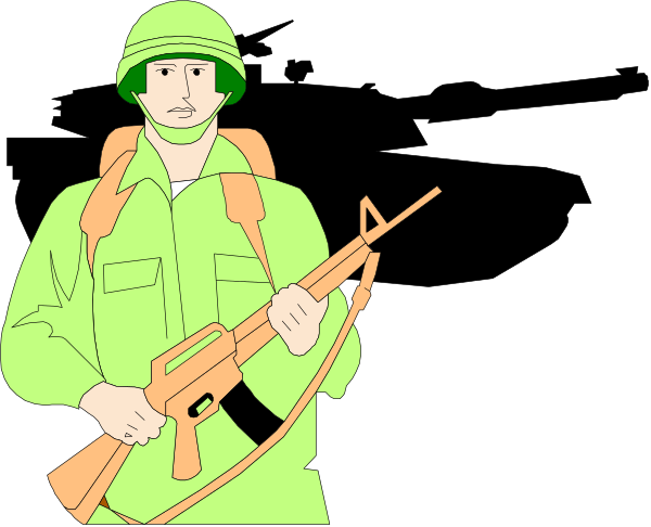 The image shows two soldiers standing side by side with guns; both wear helmets and fatigues, suggesting a military context.