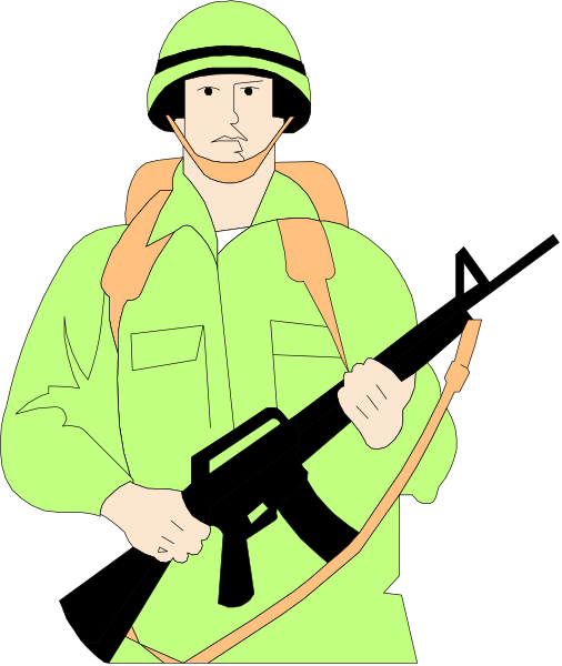 The illustration depicts a soldier holding an assault rifle with his left hand while wearing fatigues and carrying gear on his back.