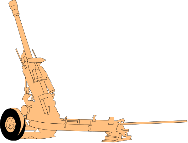 The black and white illustration shows a large artillery cannon on wheels with an attached carriage being pulled by two horses; it is set against a dark background.