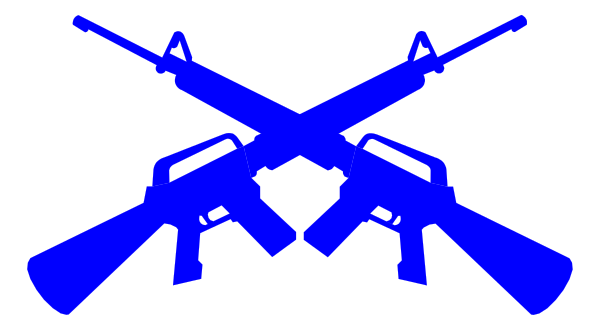 The image shows a graphic of three guns crossed over each other with two rifles on top and an automatic rifle below them against a blue background.
