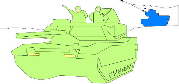 The image shows a green tank with two figures inside it on top of what appears to be an urban landscape background featuring buildings and trees.