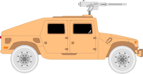 The image shows a toy model of an armored military vehicle with wheels on it parked next to another similar vehicle that has been damaged by what appears to be gunfire; there is no visible text in this clip-art illustration, and all objects depicted here appear stationary without any actions taking place.