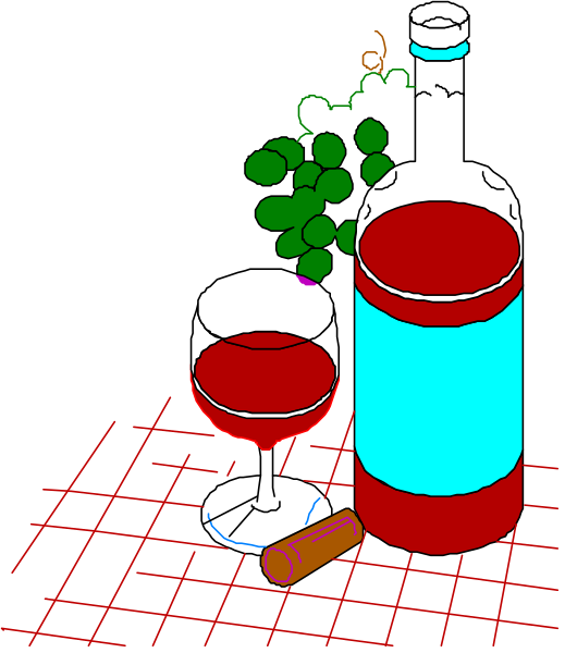 The image shows a bottle of wine with two glasses on top next to each other placed near some grapes, set against an outdoor backdrop that includes vines and foliage under what appears to be clear skies during daylight hours.