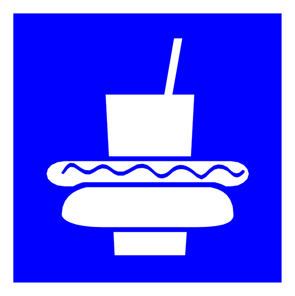 The image shows a blue sign with white text that includes an icon of food items such as hamburgers and hot dogs along with beverages like sodas in cups on top of buns.