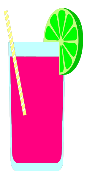 The image shows a colorful drink with slices of lime on top served over ice cubes inside a tall glass cup next to straws in front of it against a dark background.