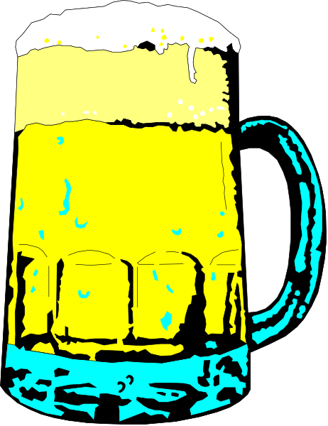 The image shows a cartoon of a beer mug with frothy foam on top against a black background.
