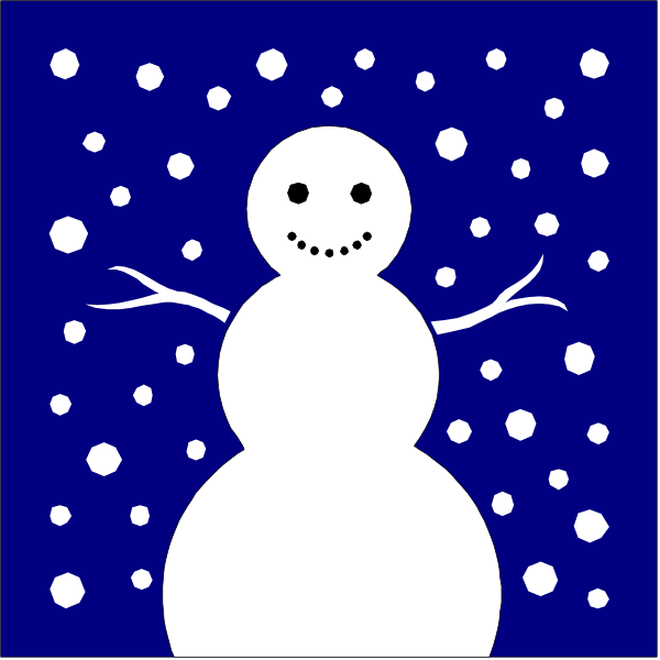 The image shows a simple line drawing of an animated snowman with arms outstretched against a blue background that has white dots representing falling snowflakes.