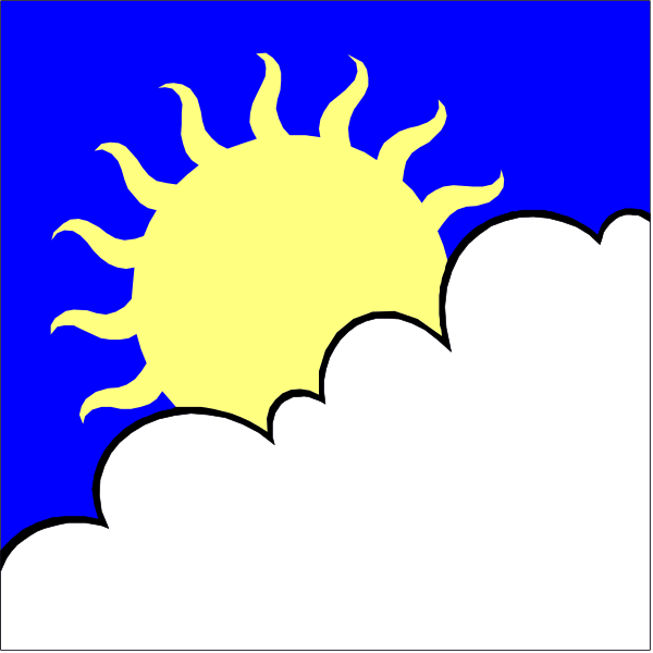 The image shows a blue sky with white clouds on top left corner of each panel; suns at different stages from rising to full bloom in center panels; yellow rays emanating outwardly around them, suggesting brightness and warmth.