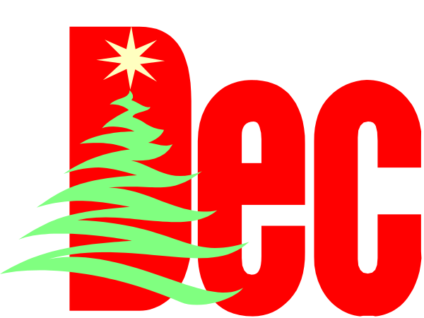 The image features a Christmas tree with red decorations on it against a white background at the bottom of which is text that reads "DEC."