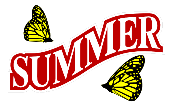 The image features a stylized graphic with text that reads "SUMMER" at top center, flanked by two butterflies on either side; below it is an illustration of three yellow-winged moths in flight against a red background bordered by white and black.