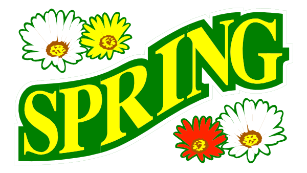 The image features a graphic with text that reads "SPRING" at top center above an illustration of spring flowers including daisies in various shades of white, yellow, red, blue, green, and purple; below this is another line of smaller flower images forming a border around the word.
