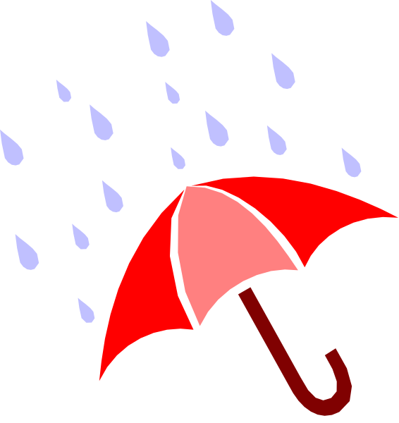 The image shows a red umbrella with raindrops falling around it against an overcast sky background.