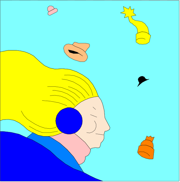 The image shows a woman with blonde hair wearing headphones looking up at floating items such as an orange, carrot, birdhouse, fishbowl, bottle of soda, book, and other objects in mid-air against a blue background; there is also another similar scene on the right.