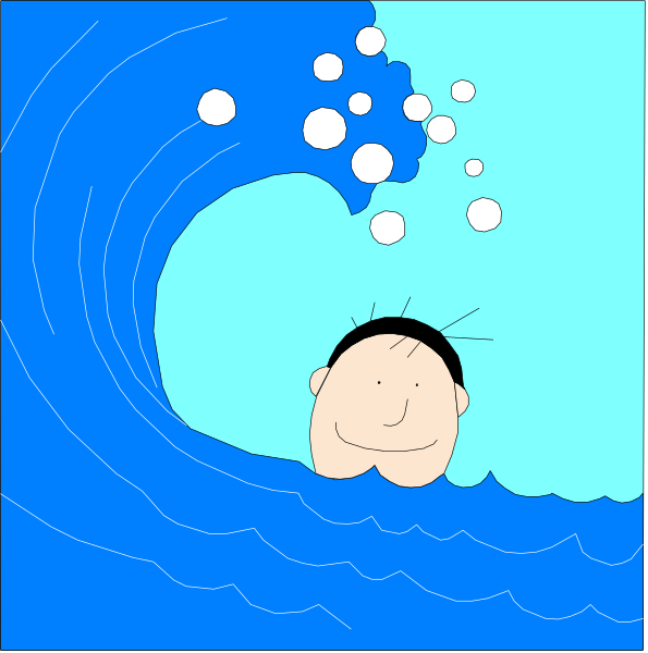 The image shows a cartoon of an animated character swimming underwater with bubbles around its head while looking up at something above water level.