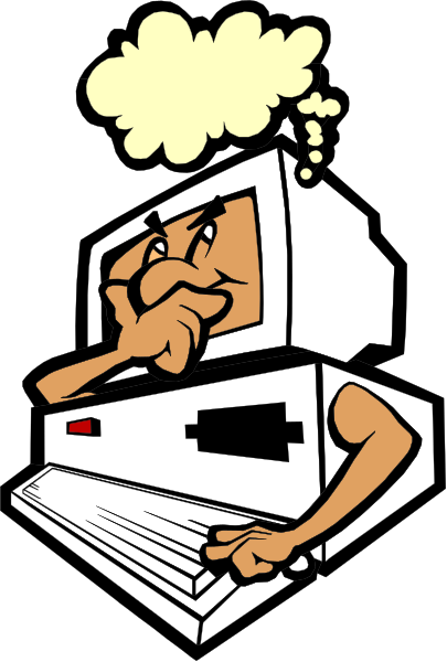 The cartoon depicts a computer monitor with an animated character inside it thinking deeply while surrounded by thought bubbles containing various ideas like light bulbs and gears.