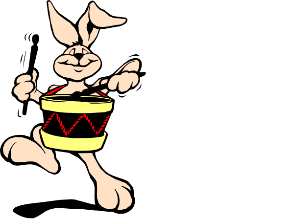 The cartoon shows two animated rabbits running side by side with a drum between them; both have carrot ears and tails, one is wearing red shorts while holding an instrument that resembles a tuba, and there's no text present in this image.