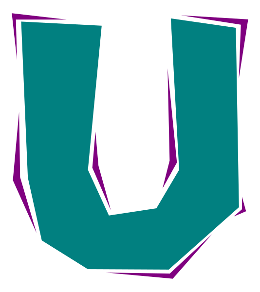 The image shows a stylized letter "U" with an abstract design around it against a dark background.